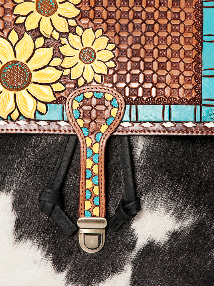 LC-ADBGZ101B Cowhide Backpack with Hand-Painted Sunflower Tooled Flap - Western Floral Bag
