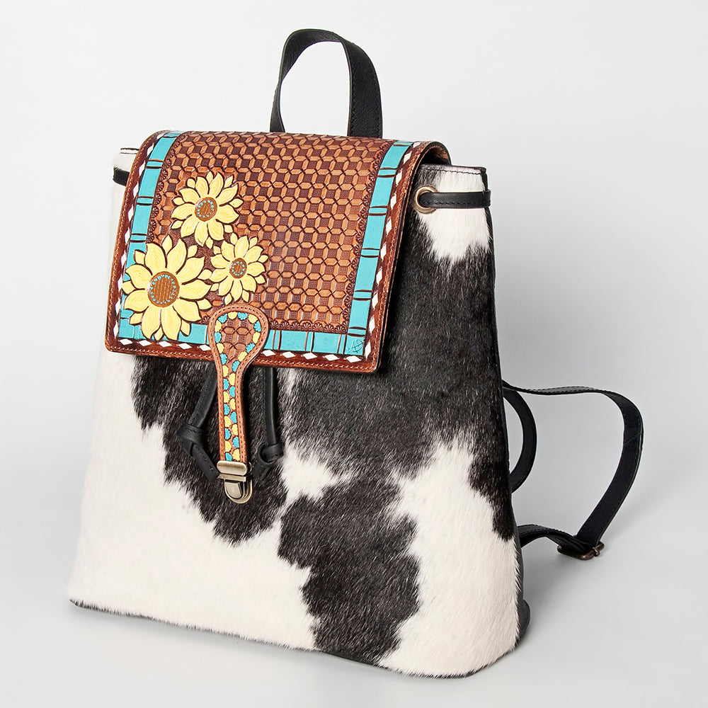 LC-ADBGZ101B Cowhide Backpack with Hand-Painted Sunflower Tooled Flap - Western Floral Bag
