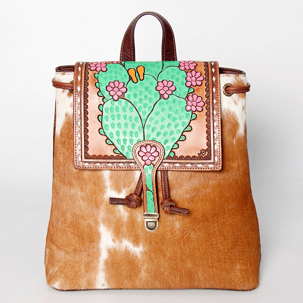 LC-ADBGZ101C Cowhide Backpack with Hand-Painted Cactus Tooled Leather Flap - Western Desert Style