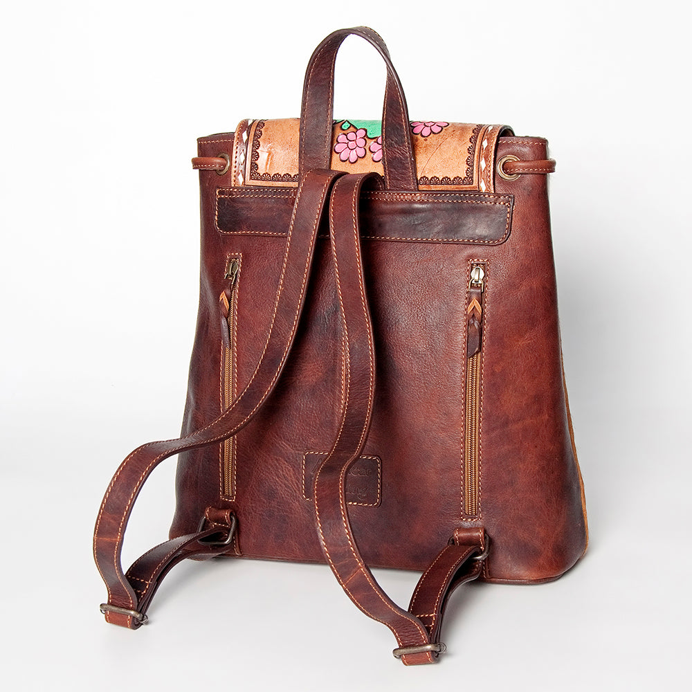LC-ADBGZ101C Cowhide Backpack with Hand-Painted Cactus Tooled Leather Flap - Western Desert Style