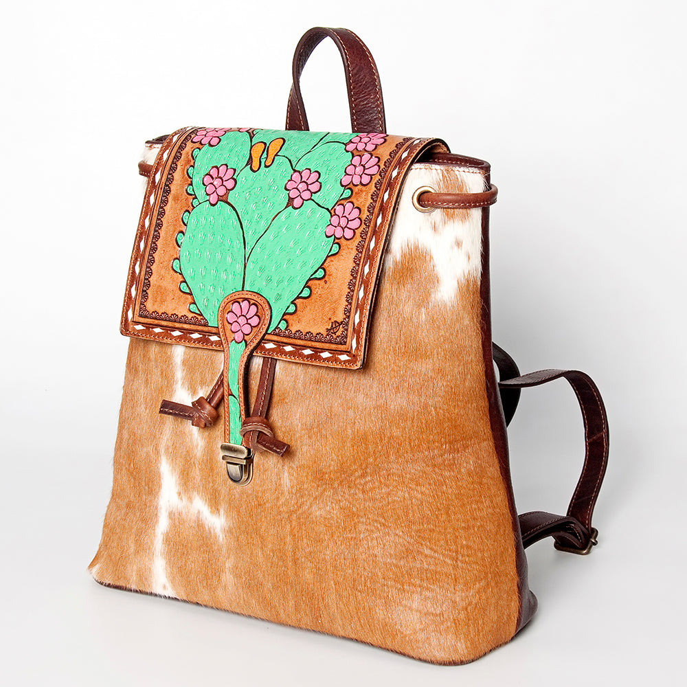 LC-ADBGZ101C Cowhide Backpack with Hand-Painted Cactus Tooled Leather Flap - Western Desert Style