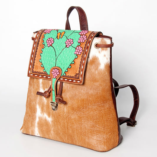 LC-ADBGZ101C Cowhide Backpack with Hand-Painted Cactus Tooled Leather Flap - Western Desert Style