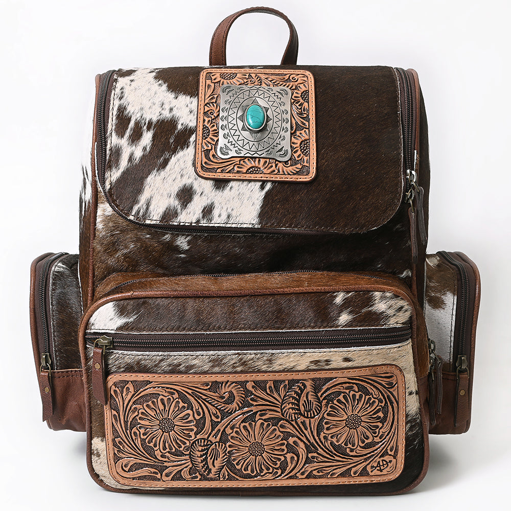 ADBG860 Western Cowhide Leather Backpack with Hand-Tooled Floral Accents & Turquoise Stone Becca by American Darling