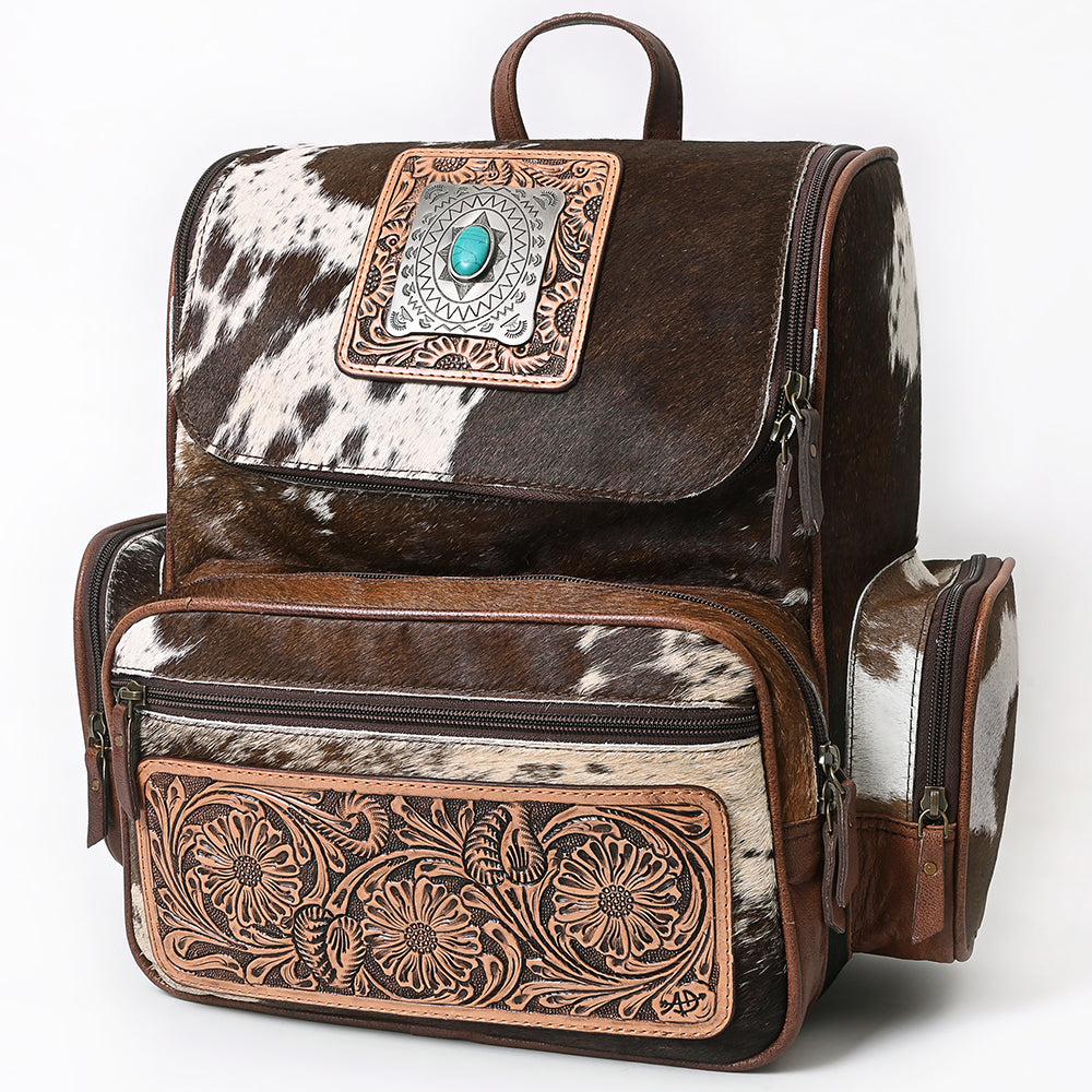 ADBG860 Western Cowhide Leather Backpack with Hand-Tooled Floral Accents & Turquoise Stone Becca by American Darling