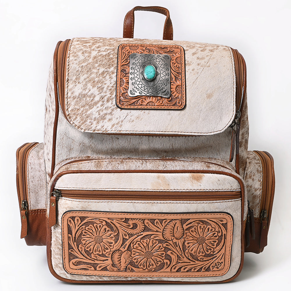ADBG860 Western Cowhide Leather Backpack with Hand-Tooled Floral Accents & Turquoise Stone Becca by American Darling