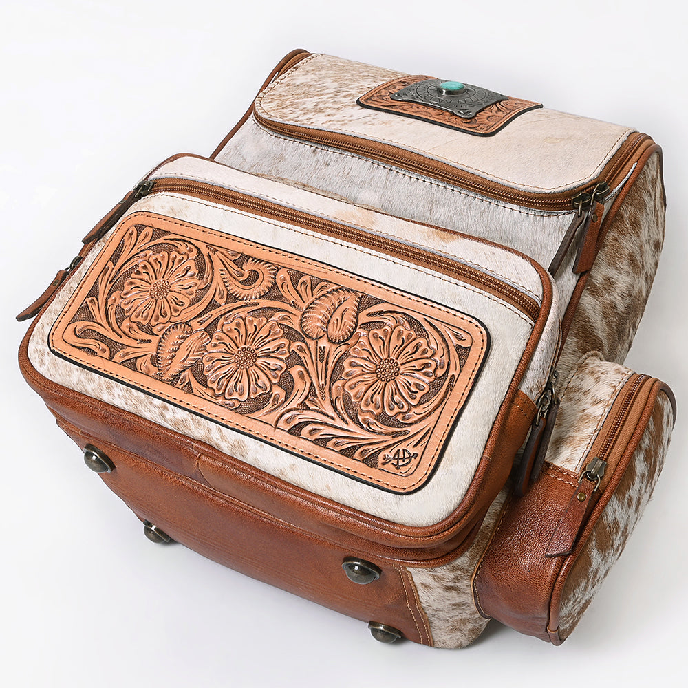 ADBG860 Western Cowhide Leather Backpack with Hand-Tooled Floral Accents & Turquoise Stone Becca by American Darling