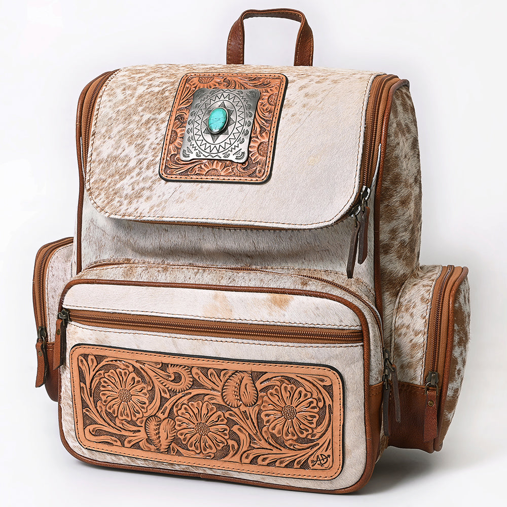 ADBG860 Western Cowhide Leather Backpack with Hand-Tooled Floral Accents & Turquoise Stone Becca by American Darling