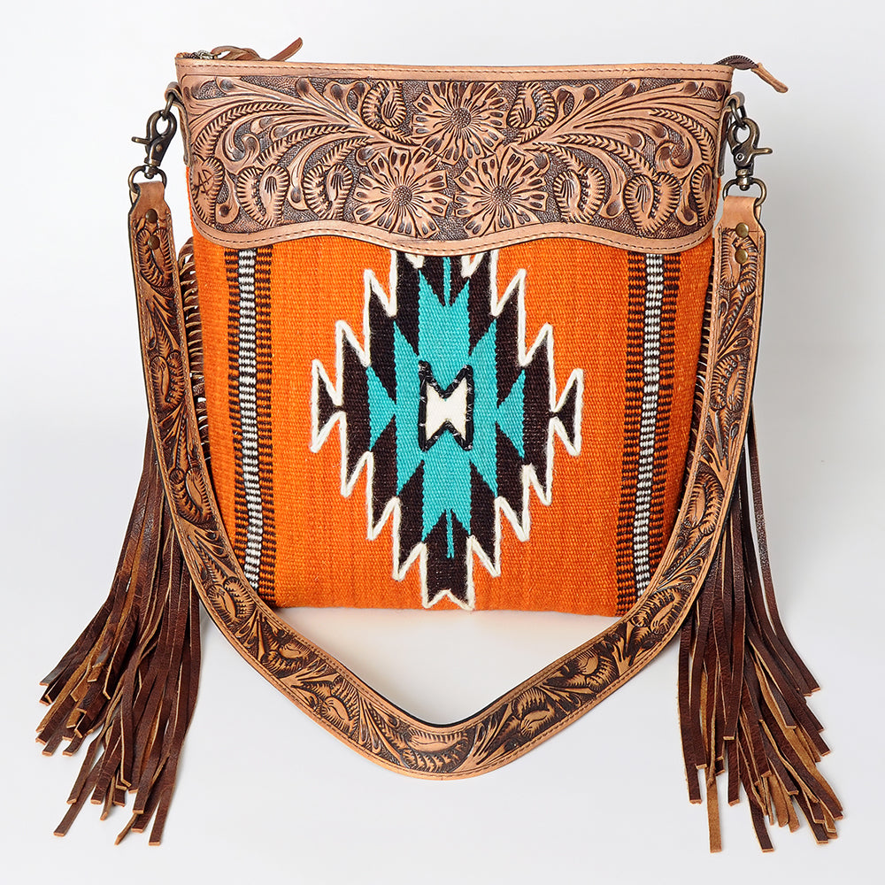 ADBG510 Tooled Leather & Saddle Blanket Crossbody Bag Western Fringe Purse - American Darling