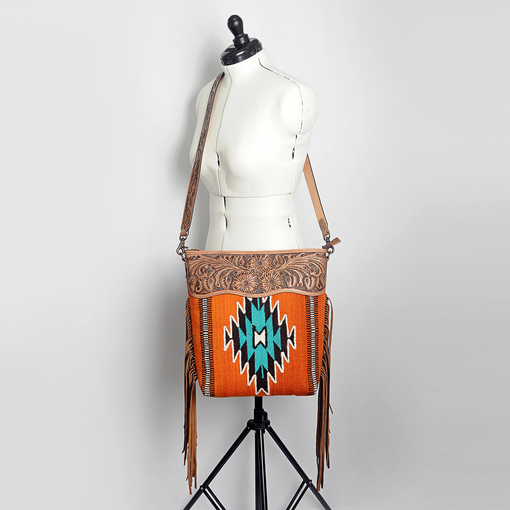 ADBG510 Tooled Leather & Saddle Blanket Crossbody Bag Western Fringe Purse - American Darling