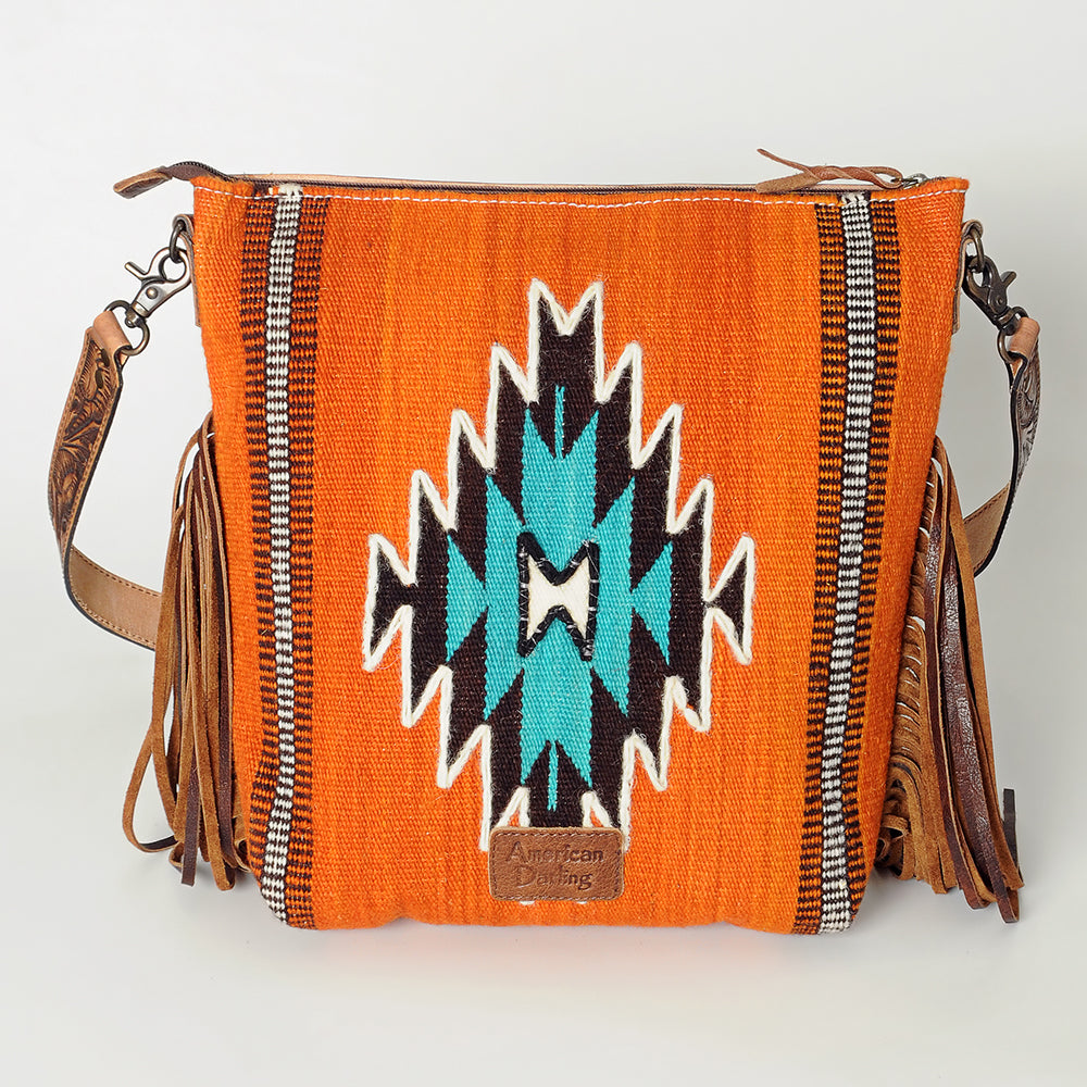 ADBG510 Tooled Leather & Saddle Blanket Crossbody Bag Western Fringe Purse - American Darling