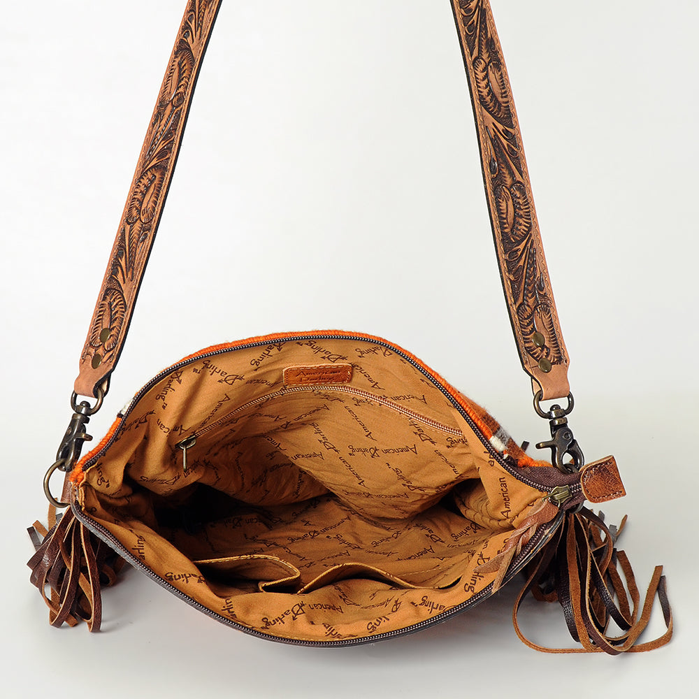 ADBG510 Tooled Leather & Saddle Blanket Crossbody Bag Western Fringe Purse - American Darling