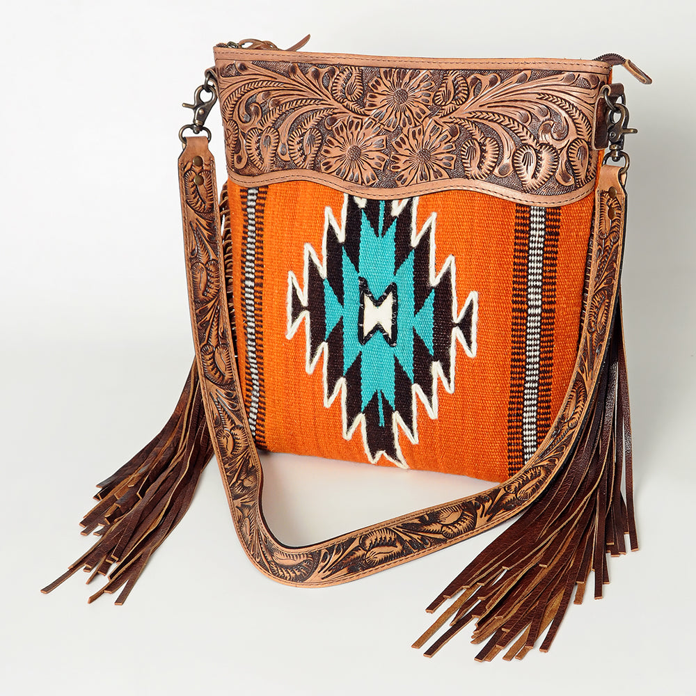 ADBG510 Tooled Leather & Saddle Blanket Crossbody Bag Western Fringe Purse - American Darling