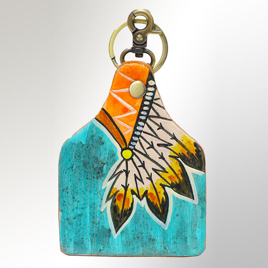 LC-ADKRM105 Hand-Painted Leather Keyring   Native Feather Design in Turquoise & Orange