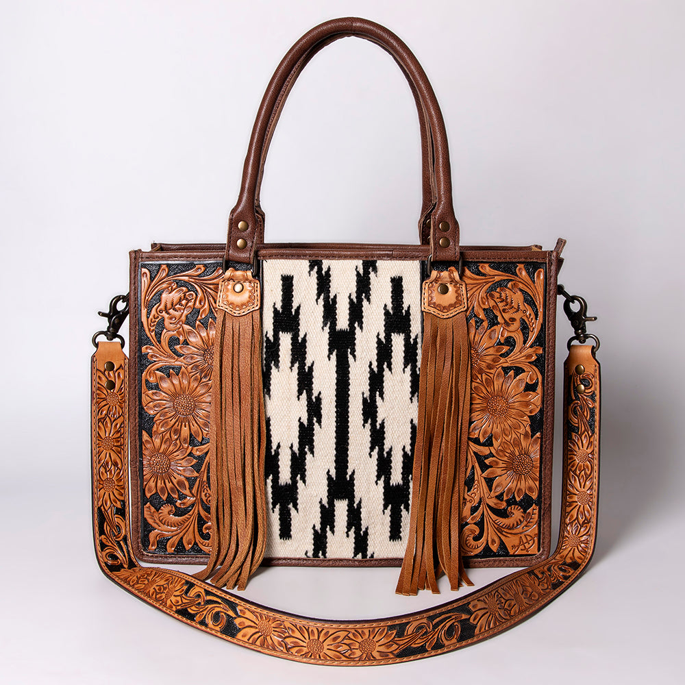 ADBG230 Hand Tooled Leather Tote Bag with Southwestern Saddle Blanket Accent & Floral Detailing