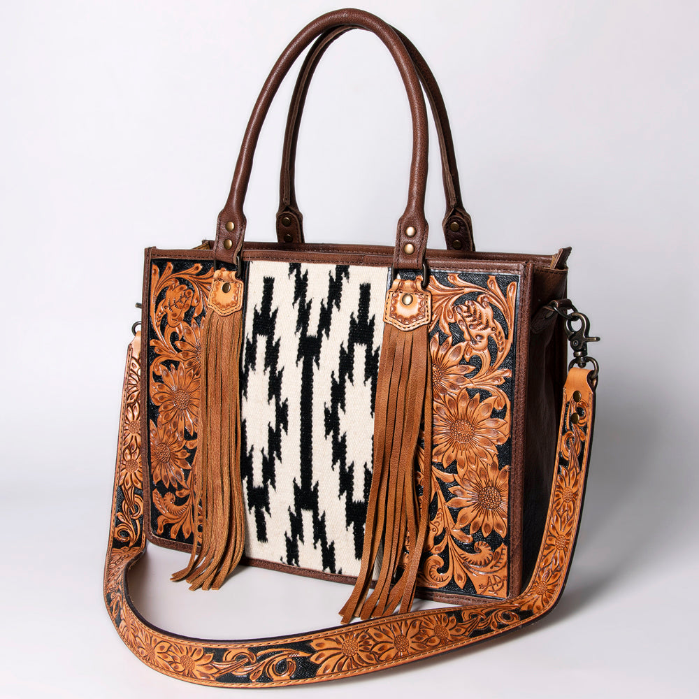 ADBG230 Hand Tooled Leather Tote Bag with Southwestern Saddle Blanket Accent & Floral Detailing
