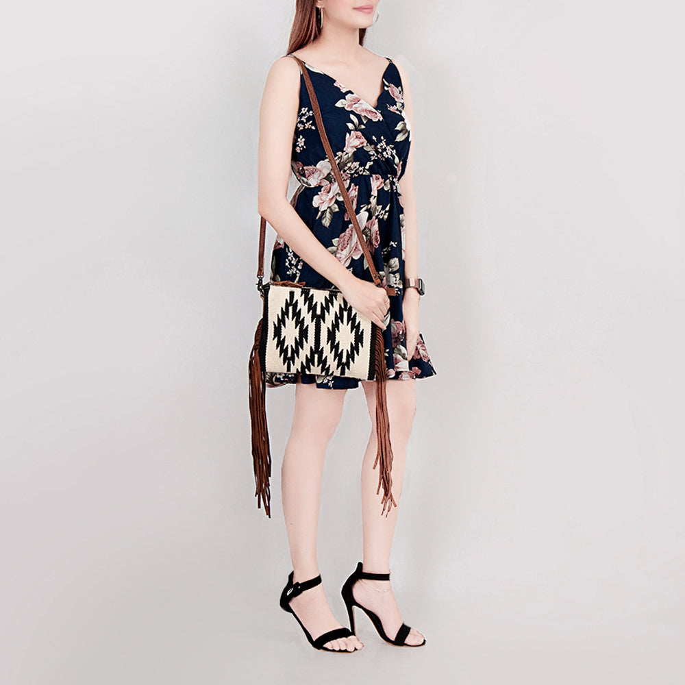 ADBG236 Handwoven Southwestern Fringe Shoulder Bag with Leather Fringe - Multicolor Pattern