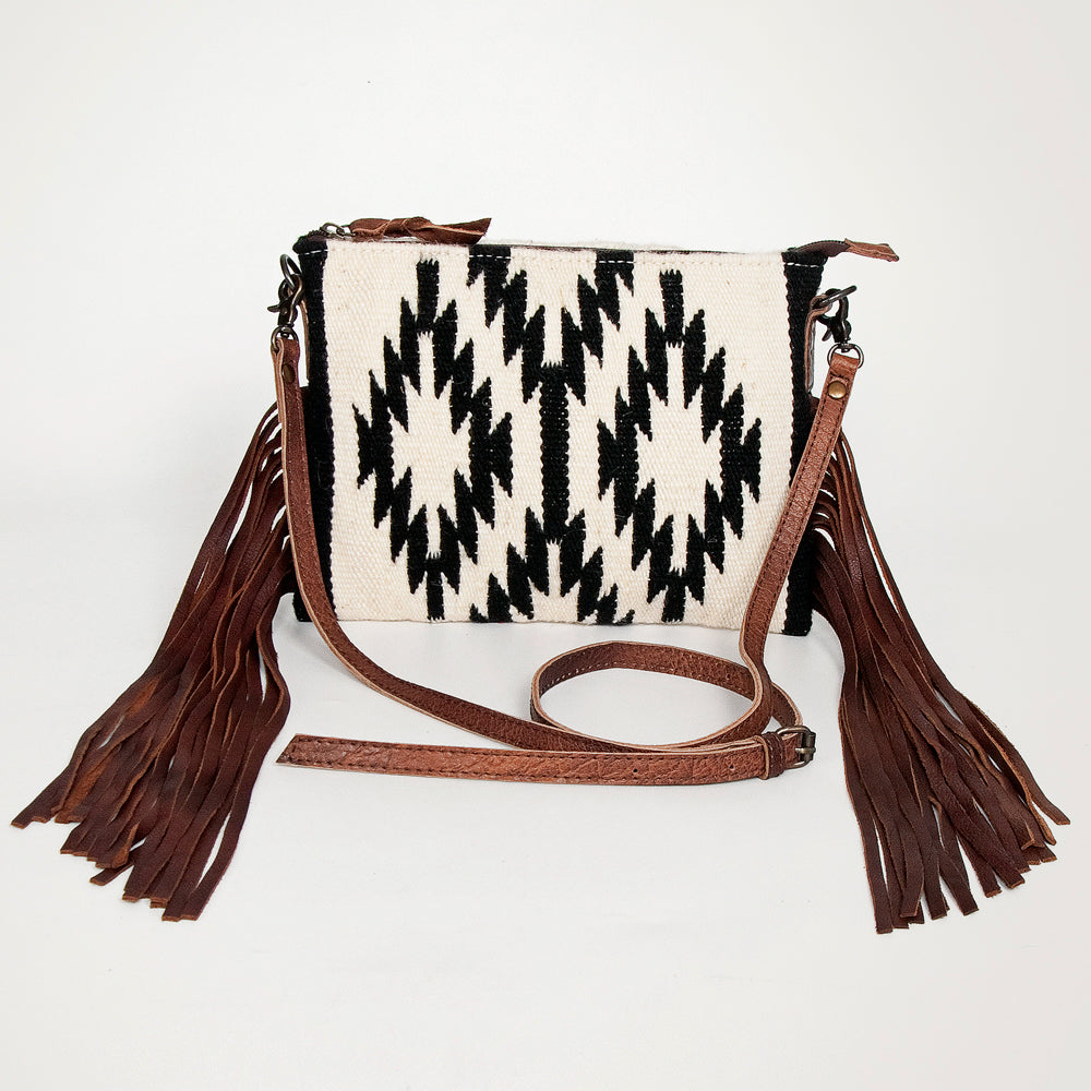 ADBG236 Handwoven Southwestern Fringe Shoulder Bag with Leather Fringe - Multicolor Pattern