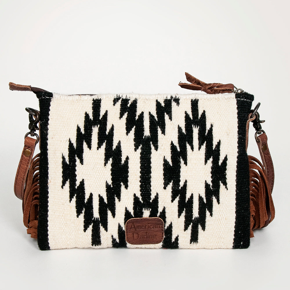 ADBG236 Handwoven Southwestern Fringe Shoulder Bag with Leather Fringe - Multicolor Pattern