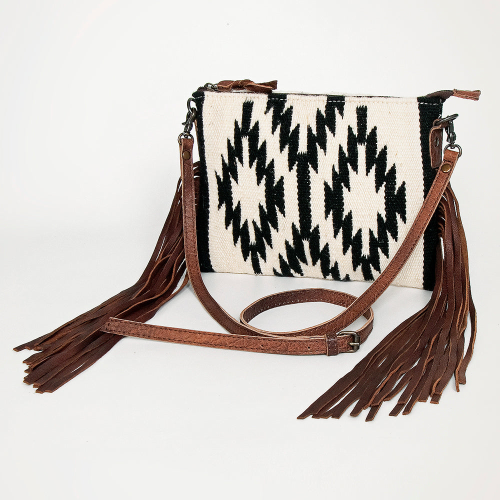 ADBG236 Handwoven Southwestern Fringe Shoulder Bag with Leather Fringe - Multicolor Pattern
