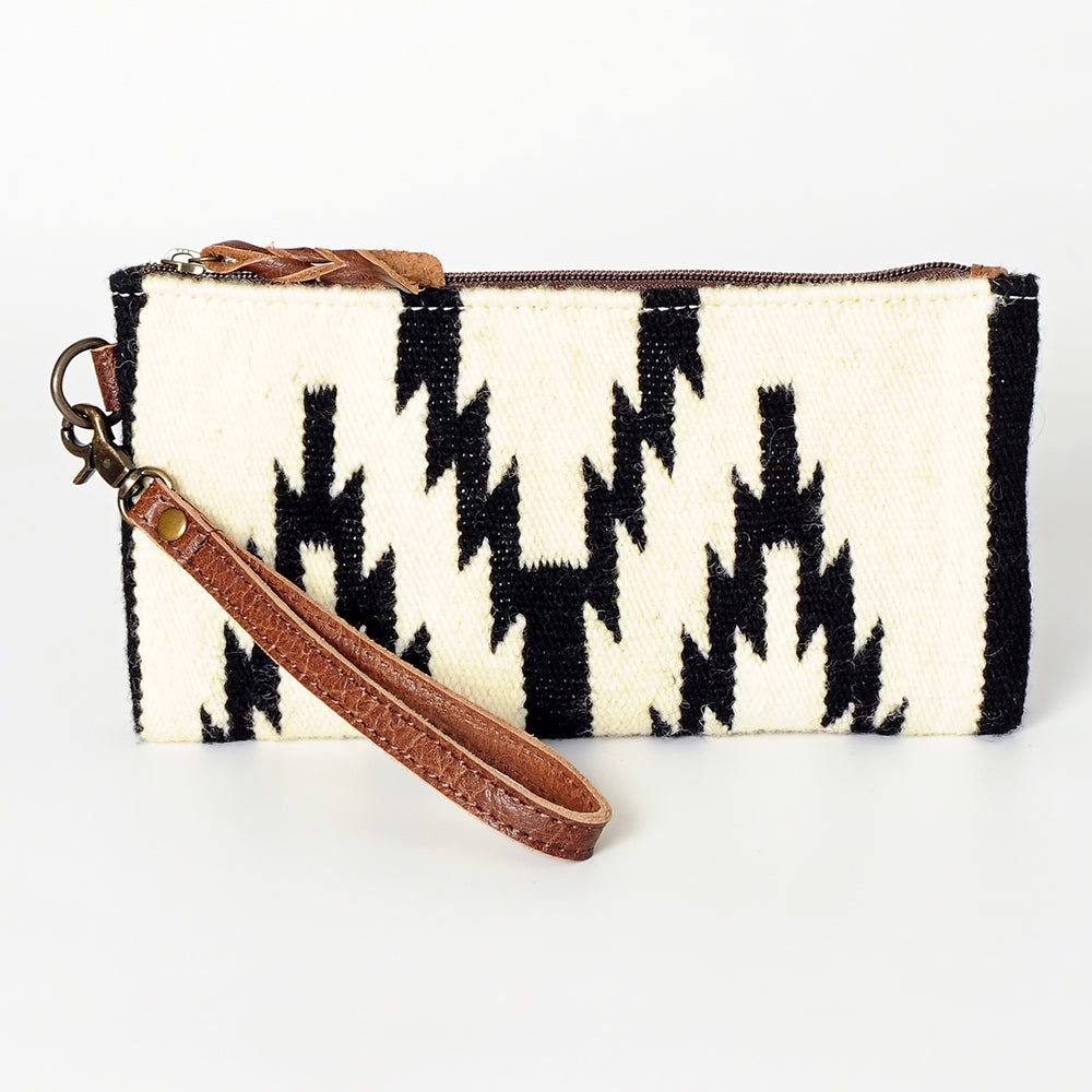 ADBG344 Multicolor Southwestern Wool Wristlet Clutch with Tribal Pattern and Leather Strap