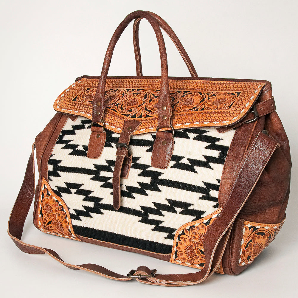 ADBG516 American Darling Tooled Leather & Saddle Blanket Duffel Bag Mae Western Travel Weekender