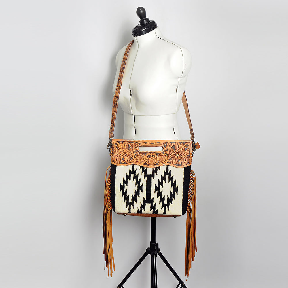 ADBGS146 Aztec Wool & Tooled Leather Shoulder Bag - Western Fringe Crossbody