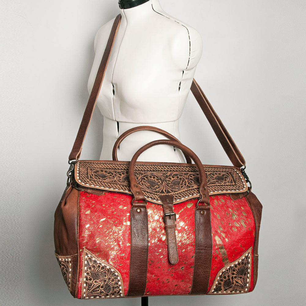 ADBG516 Large Cowhide and Tooled Leather Travel Duffle Bag Sage