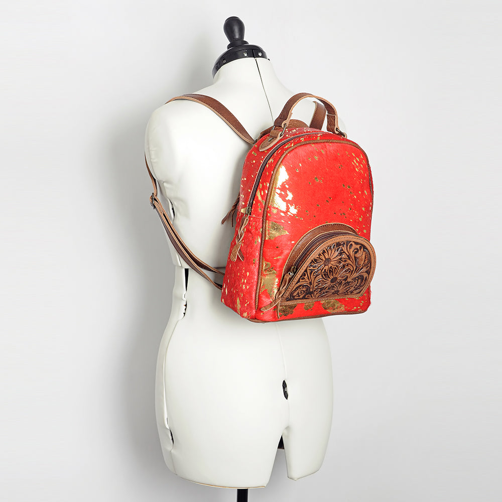 ADBGS156 Natural Cowhide Leather Backpack with Hand-Tooled Floral Pocket - Western Style