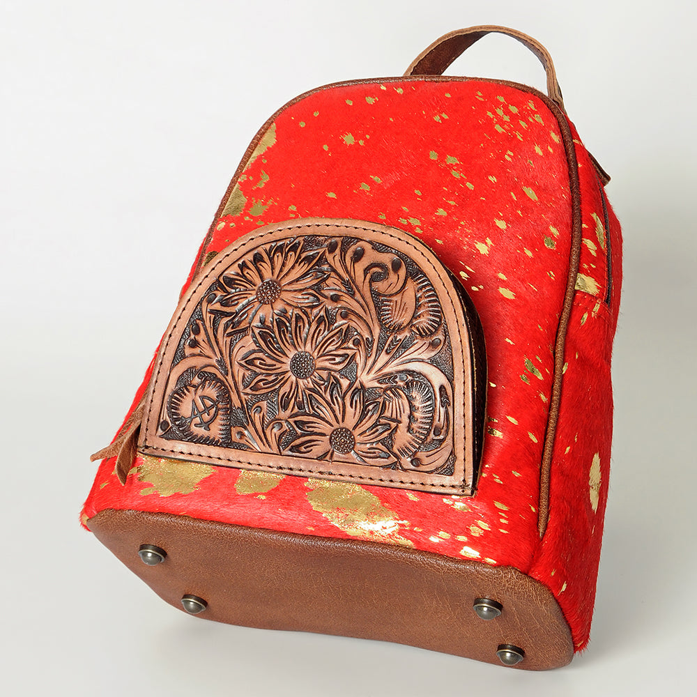 ADBGS156 Natural Cowhide Leather Backpack with Hand-Tooled Floral Pocket - Western Style