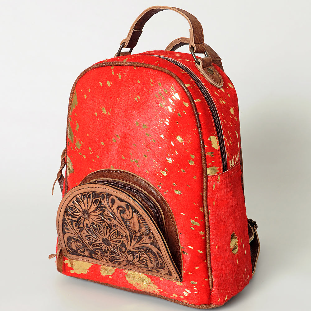 ADBGS156 Natural Cowhide Leather Backpack with Hand-Tooled Floral Pocket - Western Style