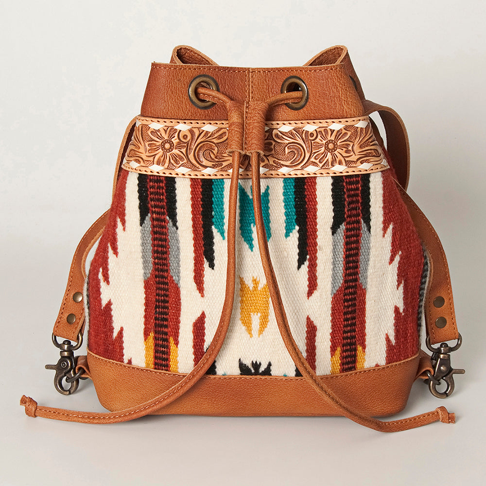 LC-ADBG862 Hand-Tooled Western Leather Bucket Bag with Wool Blanket Weave American Darling Drawstring Purse