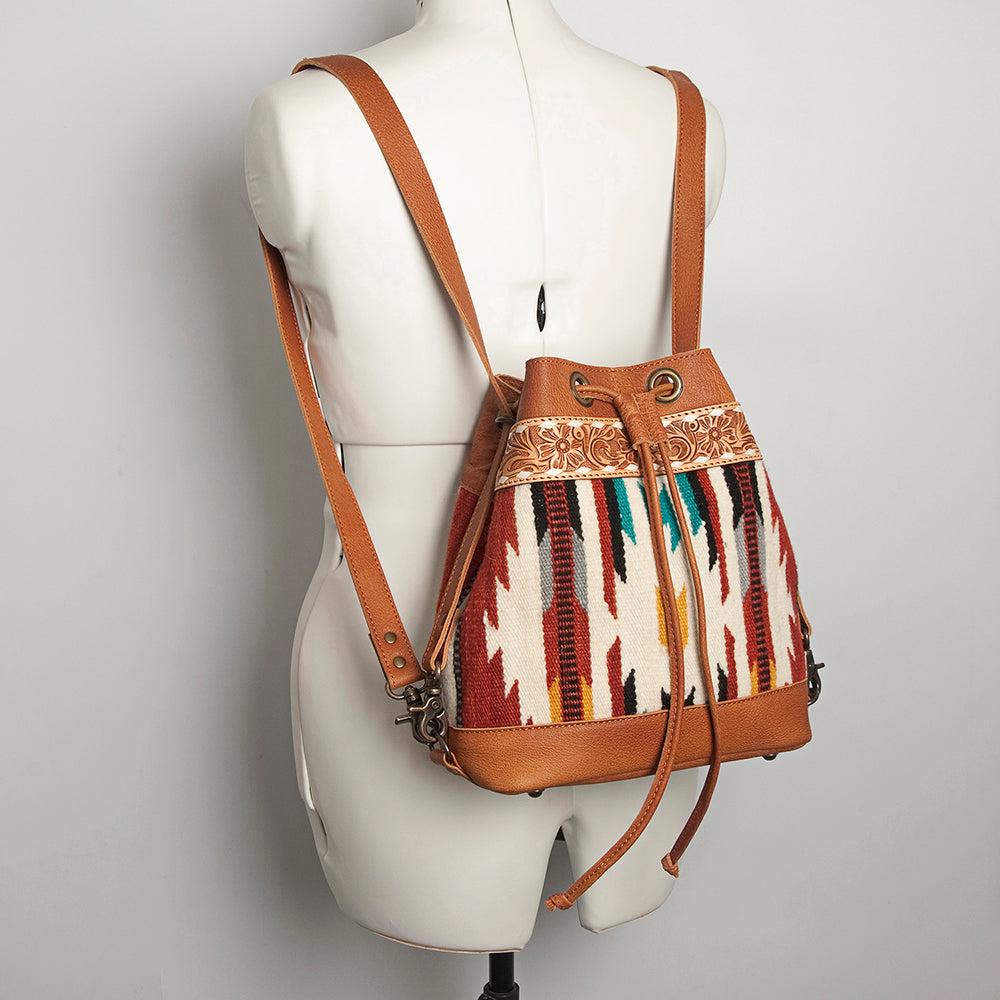 LC-ADBG862 Hand-Tooled Western Leather Bucket Bag with Wool Blanket Weave American Darling Drawstring Purse