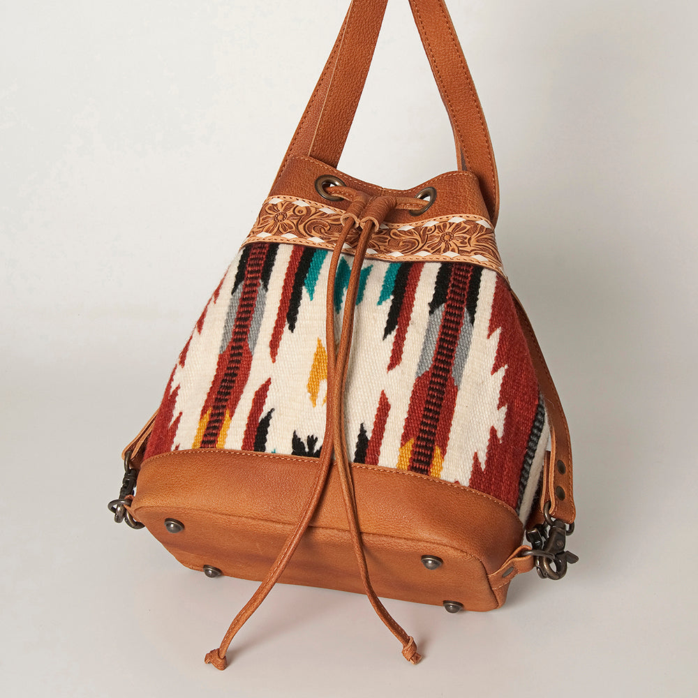 LC-ADBG862 Hand-Tooled Western Leather Bucket Bag with Wool Blanket Weave American Darling Drawstring Purse