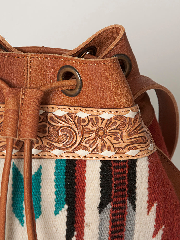 LC-ADBG862 Hand-Tooled Western Leather Bucket Bag with Wool Blanket Weave American Darling Drawstring Purse