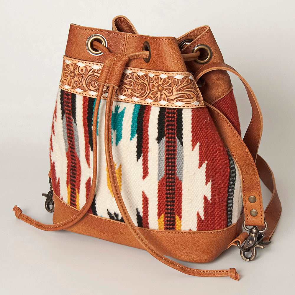 LC-ADBG862 Hand-Tooled Western Leather Bucket Bag with Wool Blanket Weave American Darling Drawstring Purse