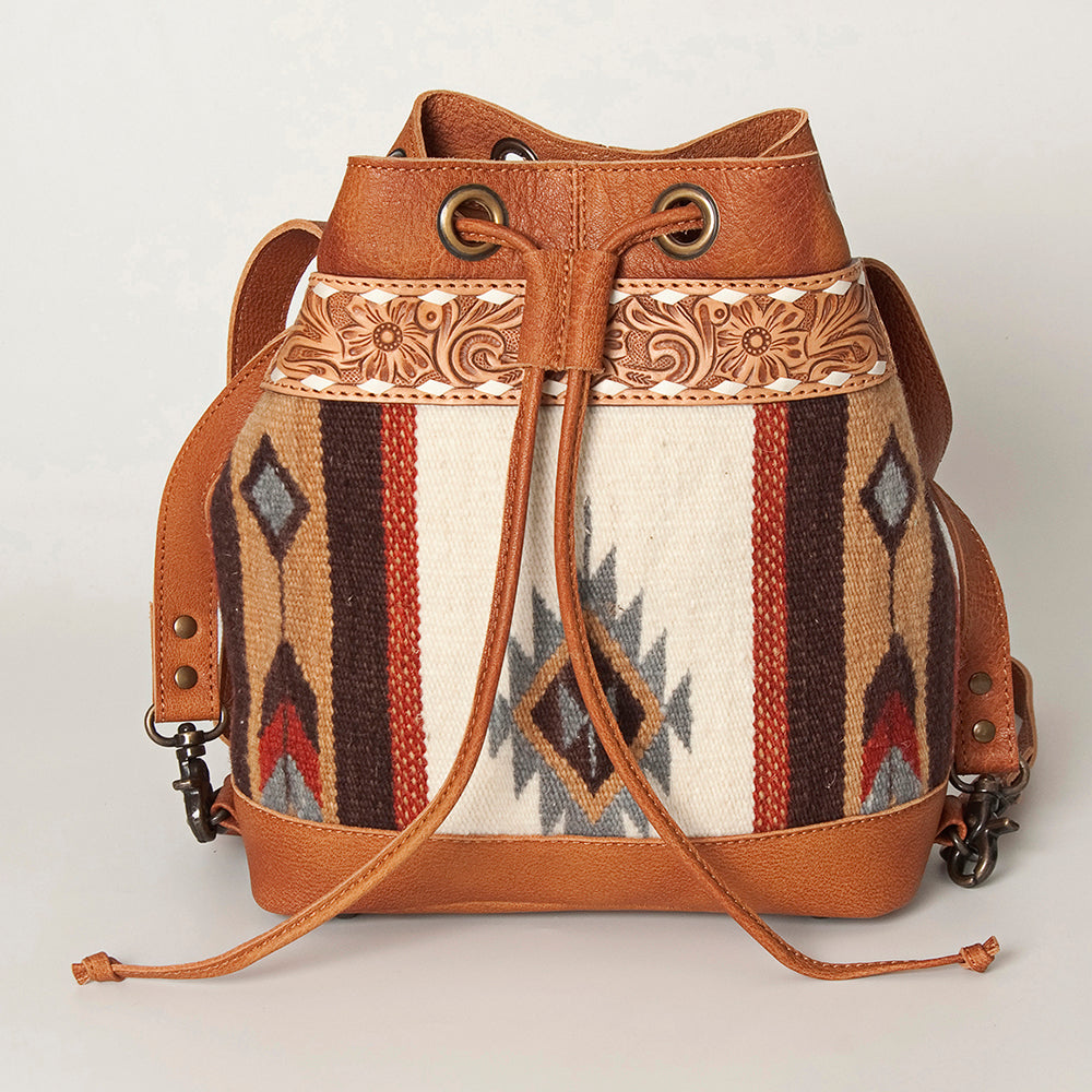LC-ADBG862 Hand-Tooled Western Leather Bucket Bag with Wool Blanket Weave American Darling Drawstring Purse