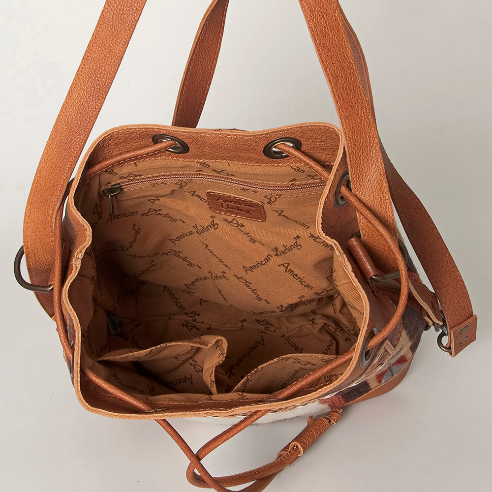 LC-ADBG862 Hand-Tooled Western Leather Bucket Bag with Wool Blanket Weave American Darling Drawstring Purse