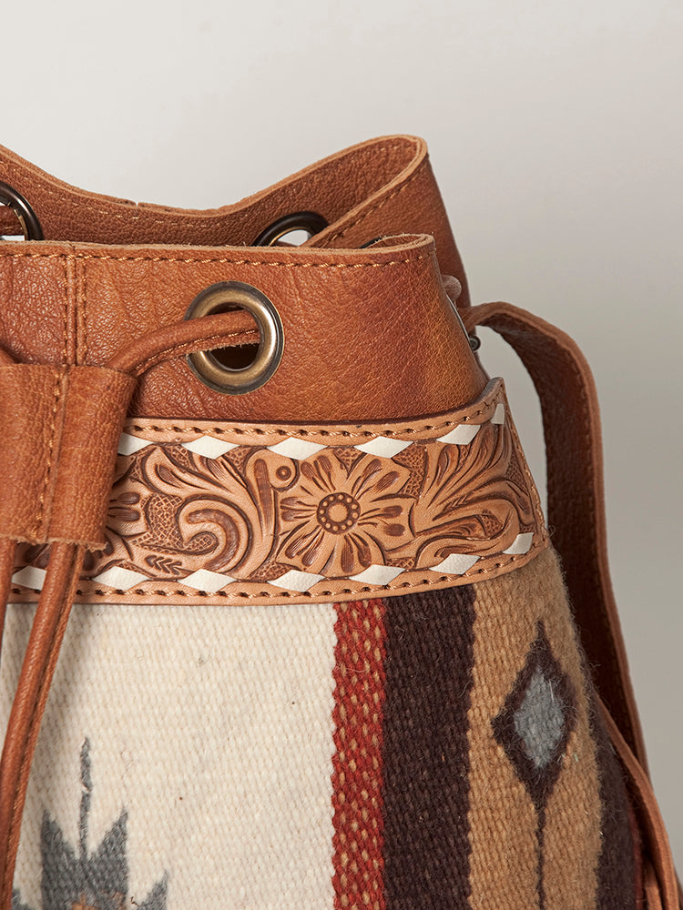LC-ADBG862 Hand-Tooled Western Leather Bucket Bag with Wool Blanket Weave American Darling Drawstring Purse