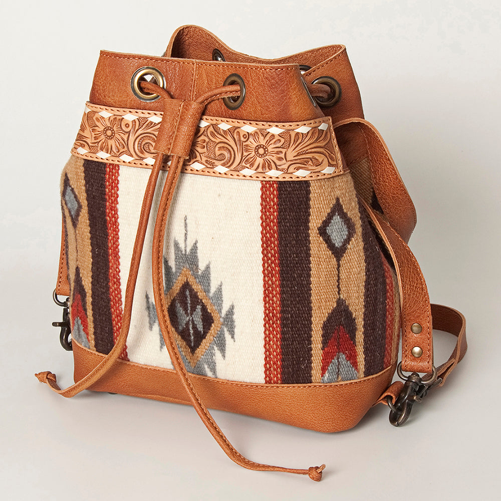 LC-ADBG862 Hand-Tooled Western Leather Bucket Bag with Wool Blanket Weave American Darling Drawstring Purse