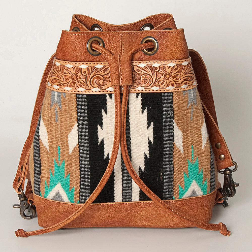 LC-ADBG862 Hand-Tooled Western Leather Bucket Bag with Wool Blanket Weave American Darling Drawstring Purse