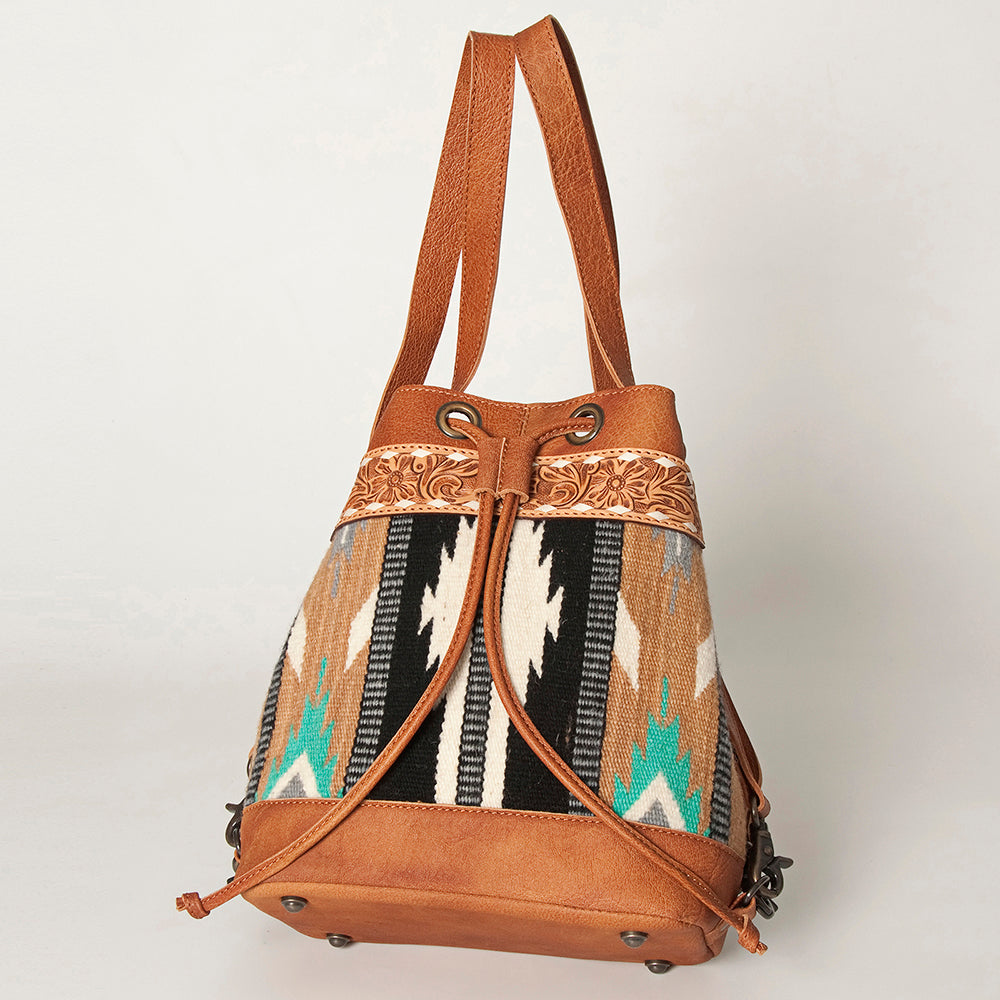 LC-ADBG862 Hand-Tooled Western Leather Bucket Bag with Wool Blanket Weave American Darling Drawstring Purse