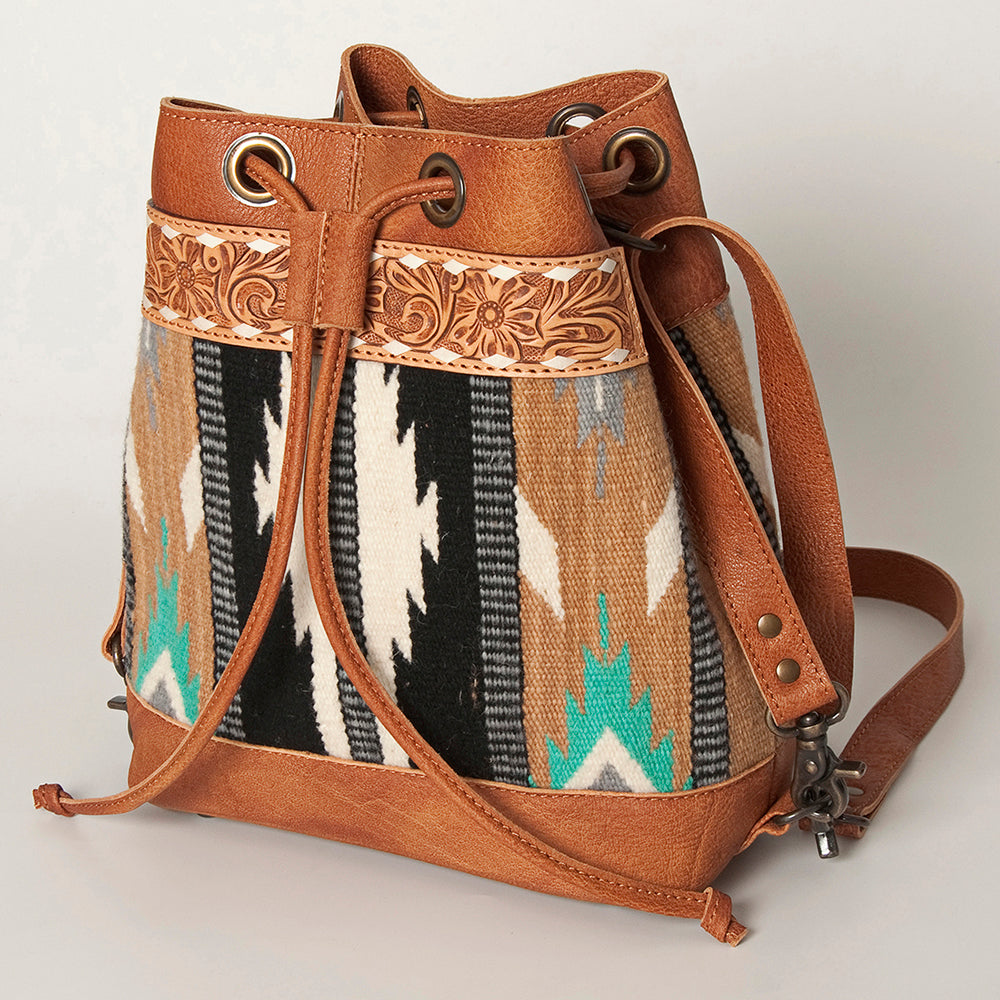 LC-ADBG862 Hand-Tooled Western Leather Bucket Bag with Wool Blanket Weave American Darling Drawstring Purse