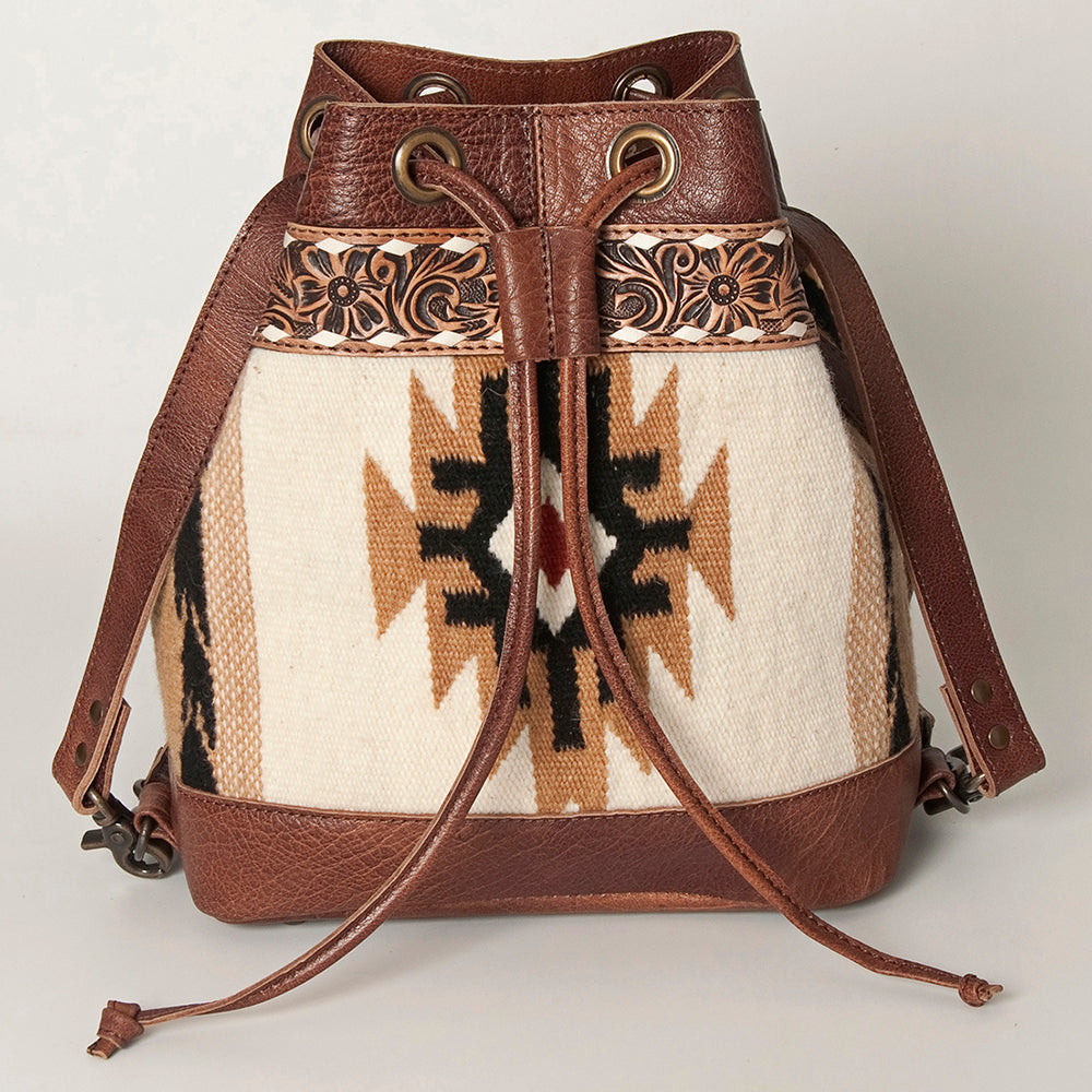 LC-ADBG862 Hand-Tooled Western Leather Bucket Bag with Wool Blanket Weave American Darling Drawstring Purse