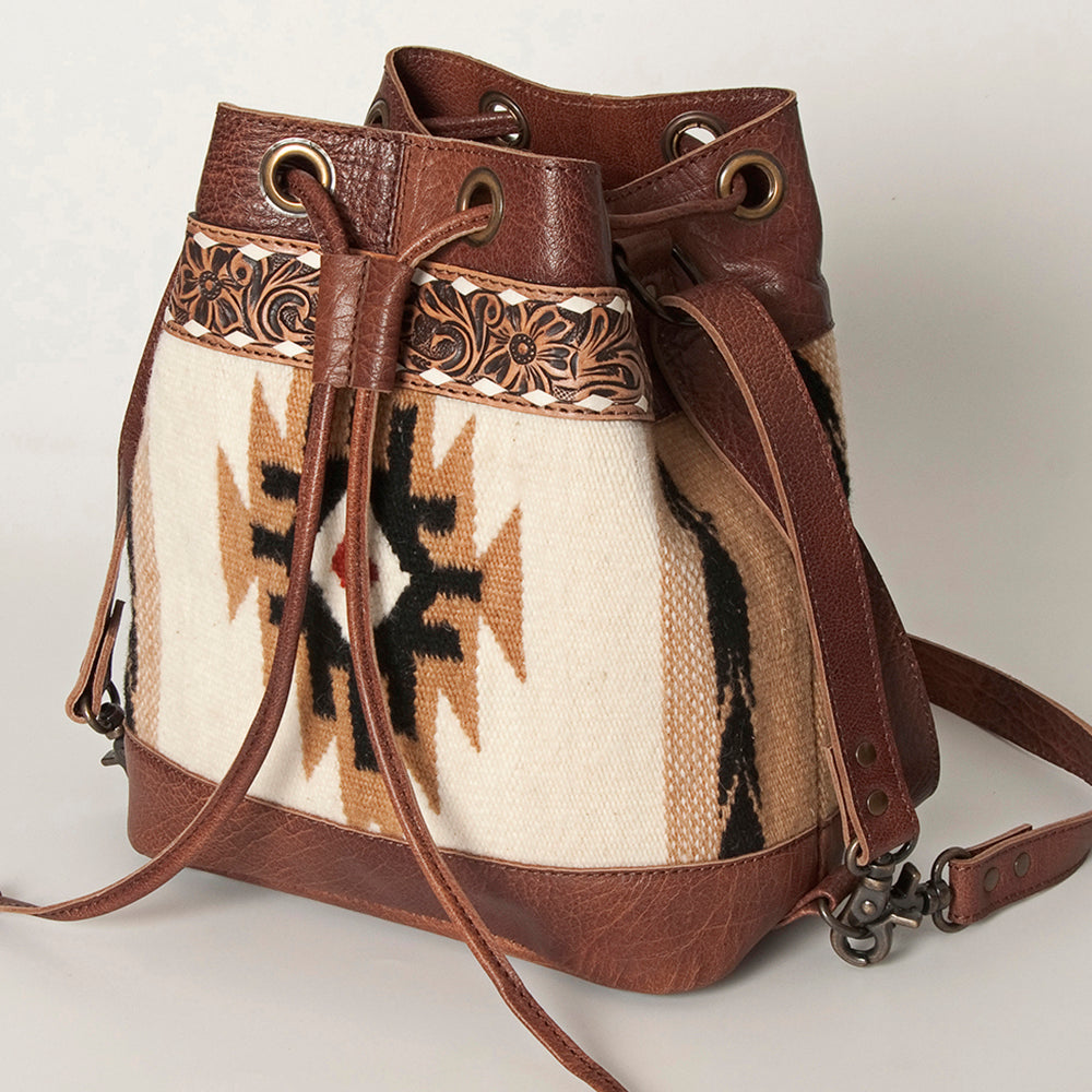 LC-ADBG862 Hand-Tooled Western Leather Bucket Bag with Wool Blanket Weave American Darling Drawstring Purse