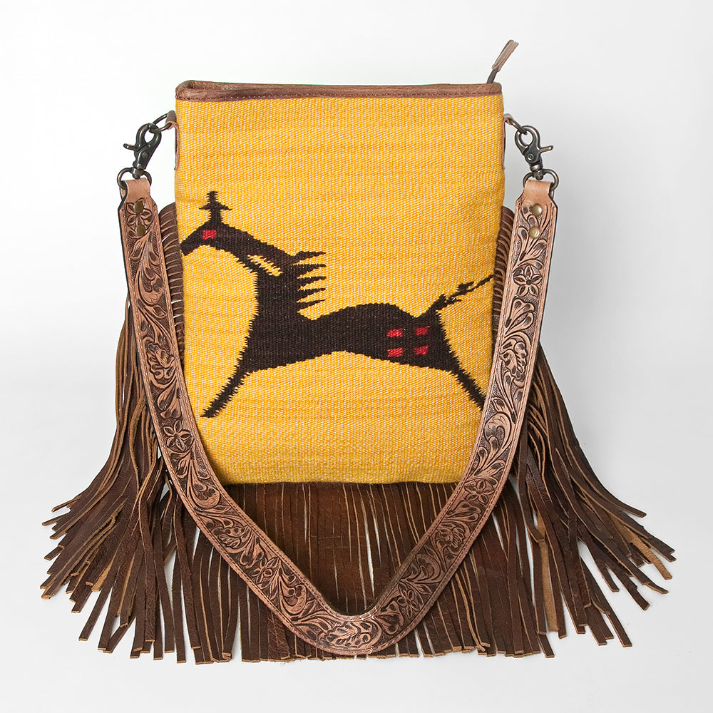 ADBGS192 Wool Large Crossbody Bag with Tooled Leather Strap and Fringe - Western Boho Purse
