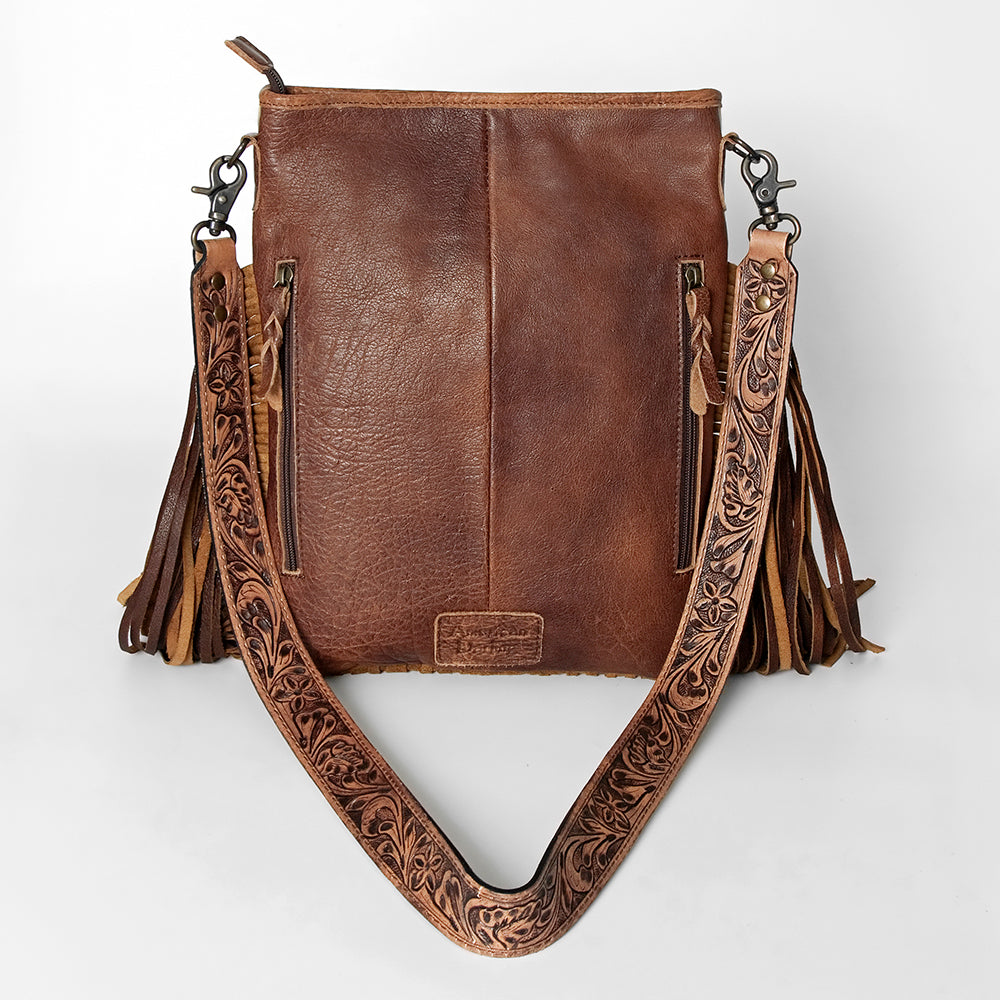 ADBGS192 Wool Large Crossbody Bag with Tooled Leather Strap and Fringe - Western Boho Purse
