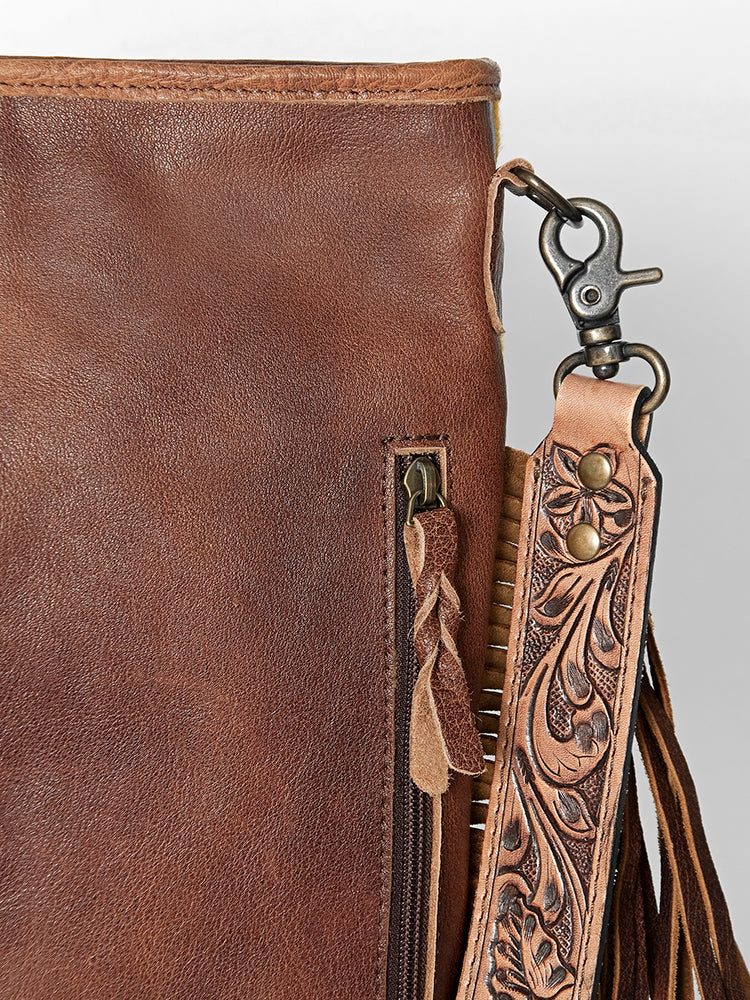 ADBGS192 Wool Large Crossbody Bag with Tooled Leather Strap and Fringe - Western Boho Purse