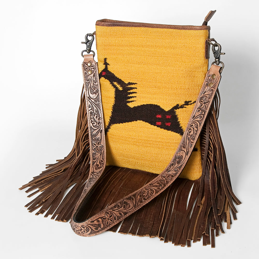 ADBGS192 Wool Large Crossbody Bag with Tooled Leather Strap and Fringe - Western Boho Purse