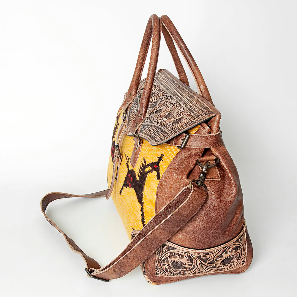 ADBG516 Tooled Leather & Saddle Blanket Duffel Bag Mae Western Travel Weekender by American Darling