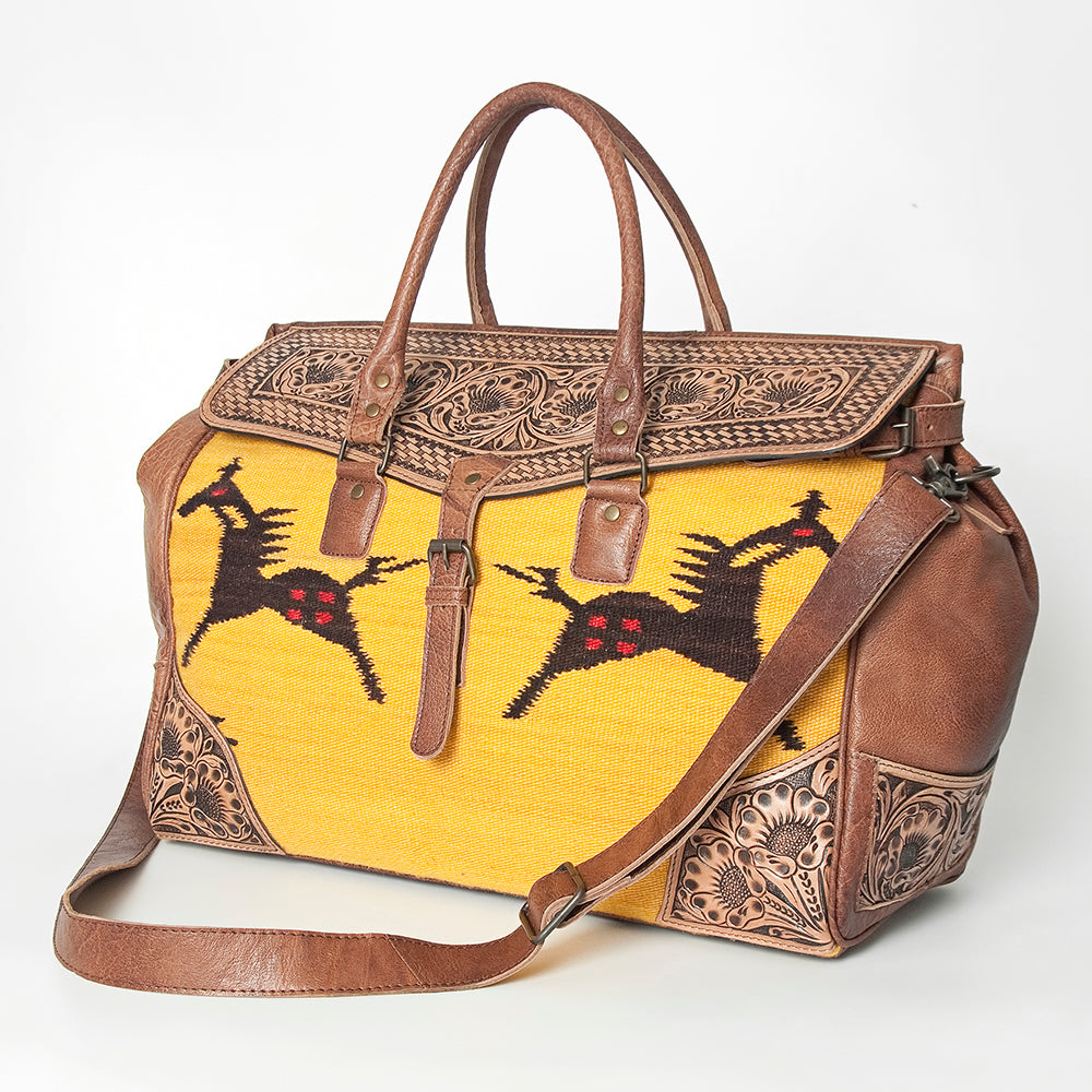 ADBG516 Tooled Leather & Saddle Blanket Duffel Bag Mae Western Travel Weekender by American Darling